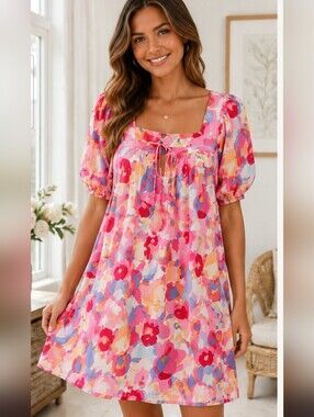 Michelle McDowell Benny River Abstract Floral Babydoll Mini Dress NWT XS
